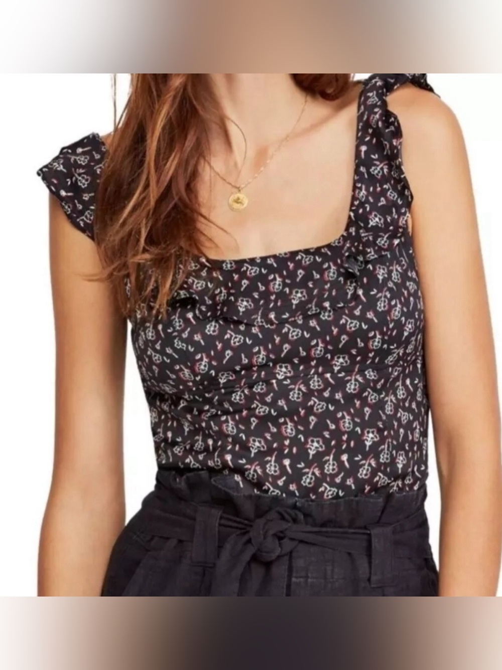Free People Stay With You Ruffle Floral Cropped Satin Smocked Top